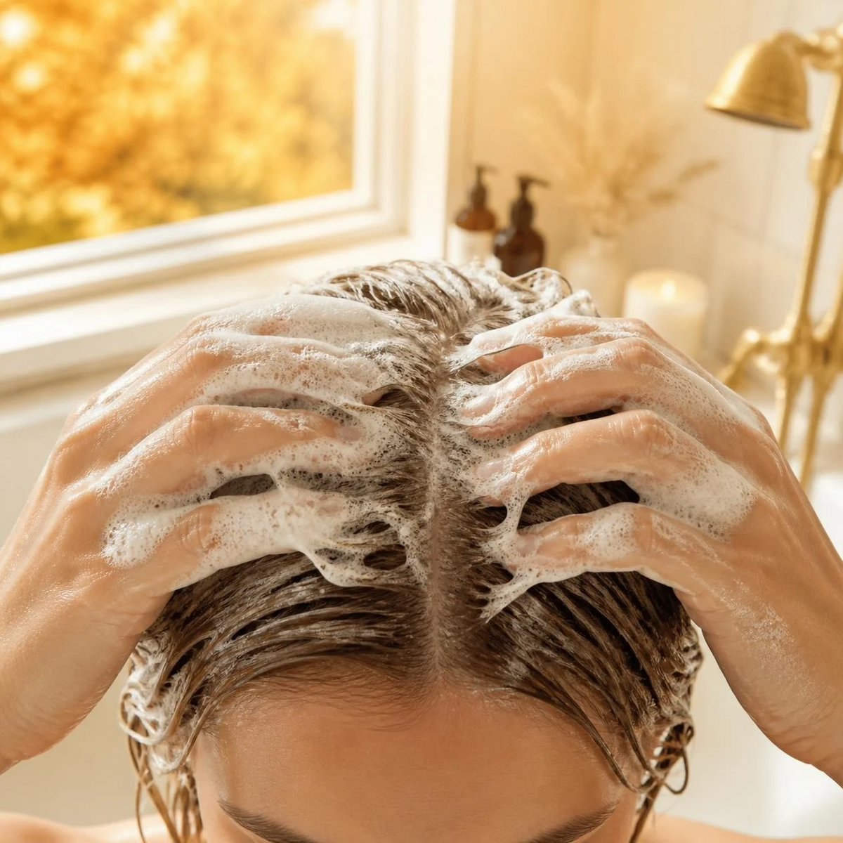 Hands massaging shampoo lather into the scalp during an autumn hair care ritual in a warm, sunlit bathroom.