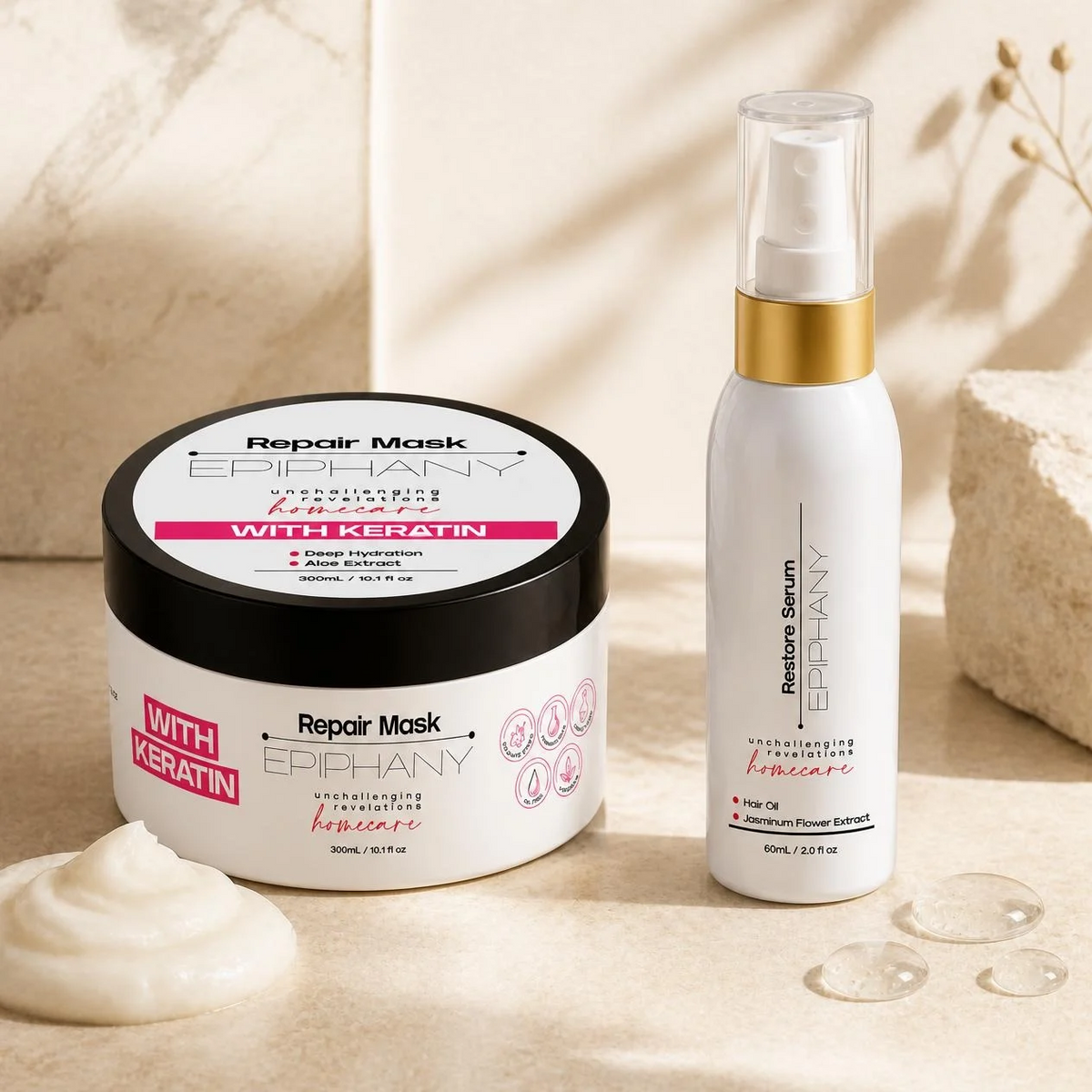 Epiphany Repair Mask jar beside a scoop of creamy hair mask and Restore Serum bottle beside clear serum drops on a warm cream stone surface, showing the balance between protein and moisture.