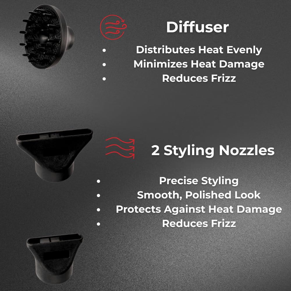 Professional Hair Dryer 1875W – Ionic Blow Dryer with Ceramic Tourmaline Technology for Fast Drying, Frizz Control &amp; Shine – Includes Diffuser &amp; 2 Nozzles – Lightweight for All Hair Types