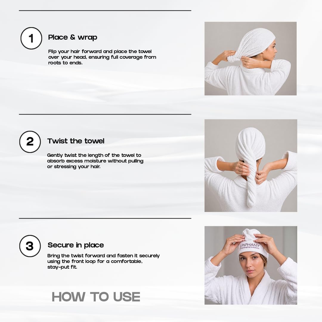Epiphany Microfiber Hair Towel – Fast Drying, Super Absorbent &amp; Soft Turban Wrap with Button Closure – Lightweight Hair Wrap for Curly, Straight, Thick or Fine Hair