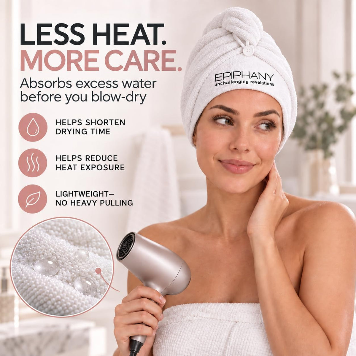 Epiphany Microfiber Hair Towel – Fast Drying, Super Absorbent &amp; Soft Turban Wrap with Button Closure – Lightweight Hair Wrap for Curly, Straight, Thick or Fine Hair