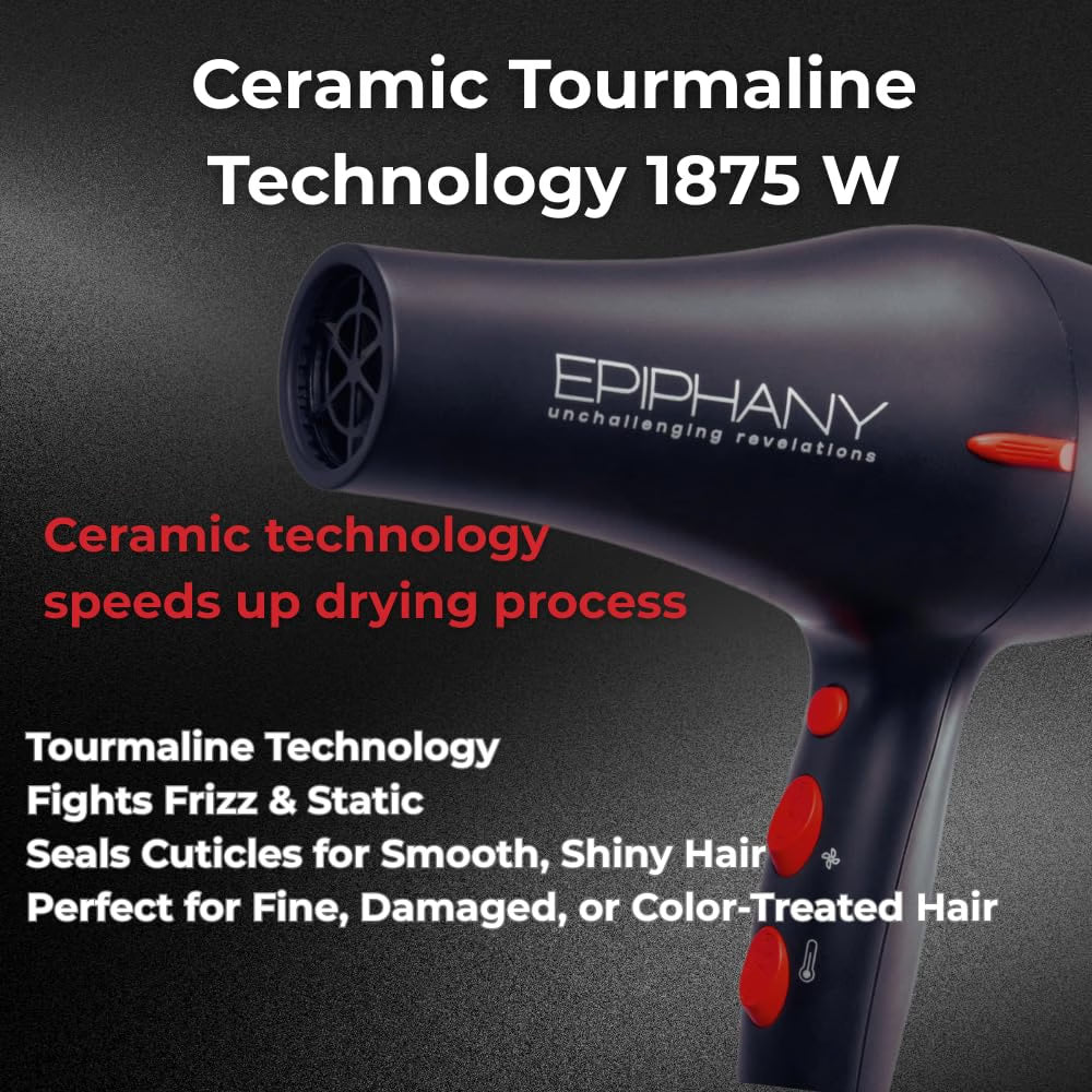 Professional Hair Dryer 1875W – Ionic Blow Dryer with Ceramic Tourmaline Technology for Fast Drying, Frizz Control &amp; Shine – Includes Diffuser &amp; 2 Nozzles – Lightweight for All Hair Types
