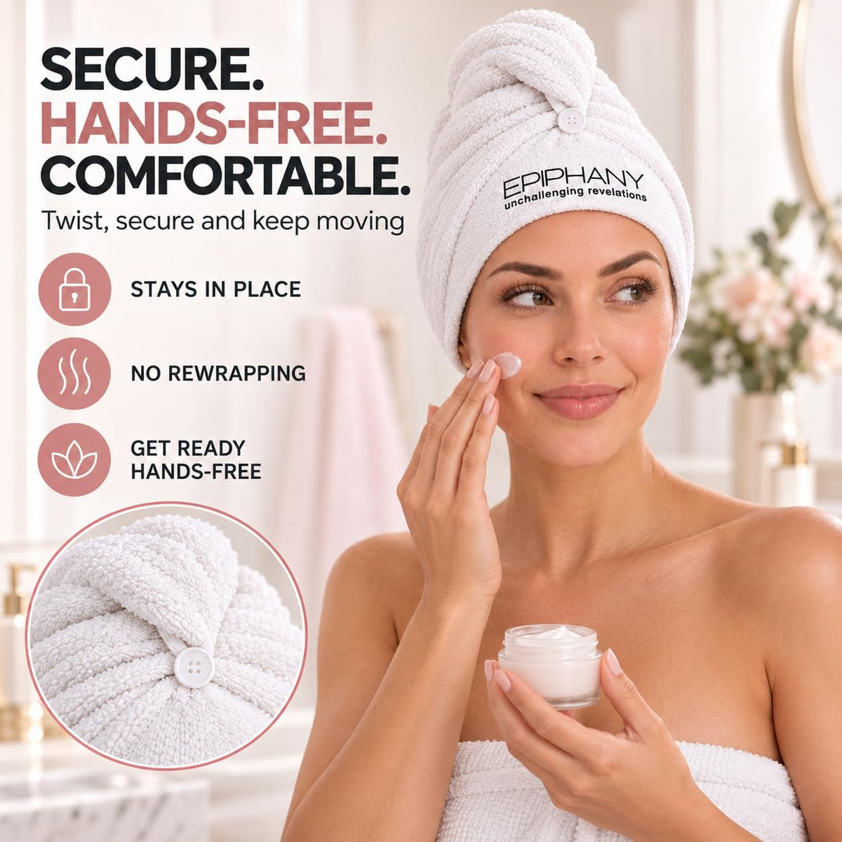 Epiphany Microfiber Hair Towel – Fast Drying, Super Absorbent &amp; Soft Turban Wrap with Button Closure – Lightweight Hair Wrap for Curly, Straight, Thick or Fine Hair