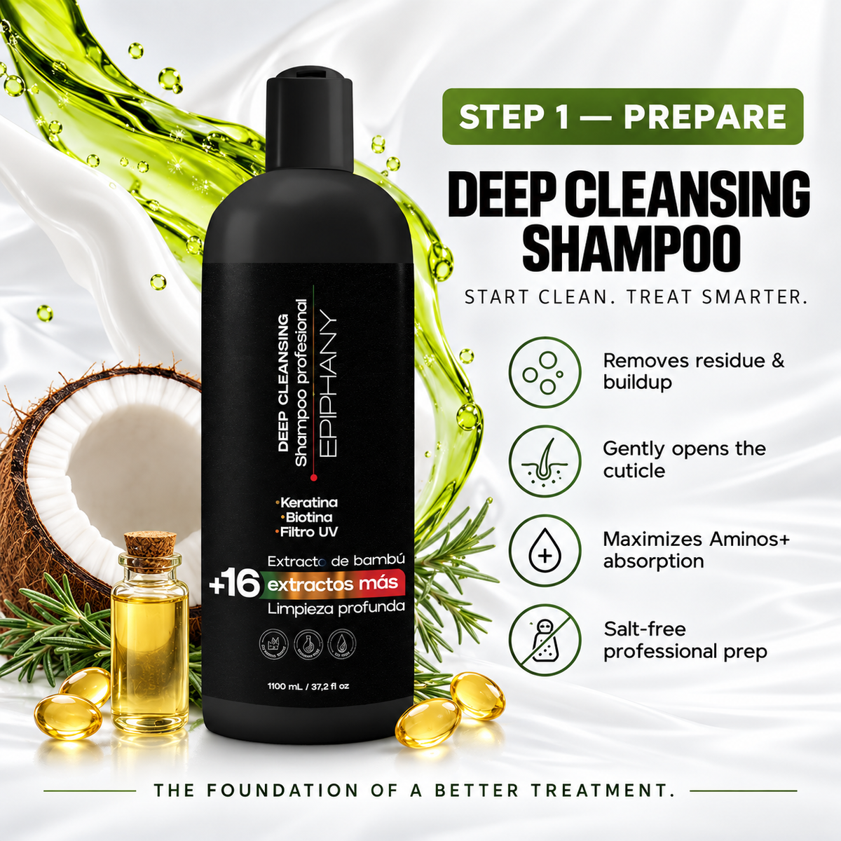 A bottle of Ephany Deep Cleansing Shampoo centered on a white background with green liquid splash graphics, a halved coconut, capsules, and text callouts about deep cleansing benefits.