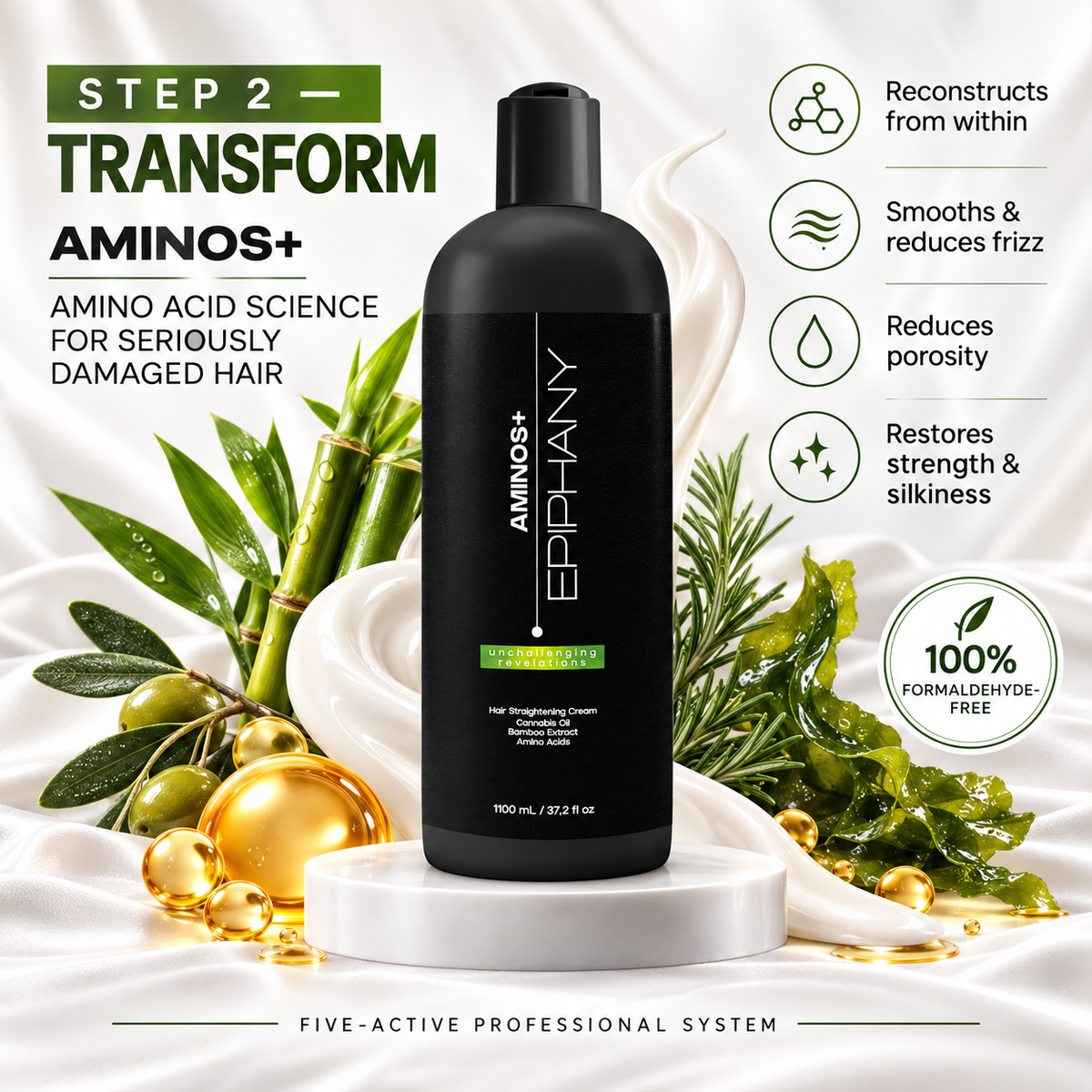 A bottle of Epirhany Aminos+ Hair Restoring Cream centered on a white pedestal, surrounded by olive branches, green leaves, gold capsules, and white cream swirls. Text on the left reads 'STEP 2 TRANSFORM AMINOS+' and the right side lists benefits, with a badge stating '100% FORMALDEDEYE FREE'.