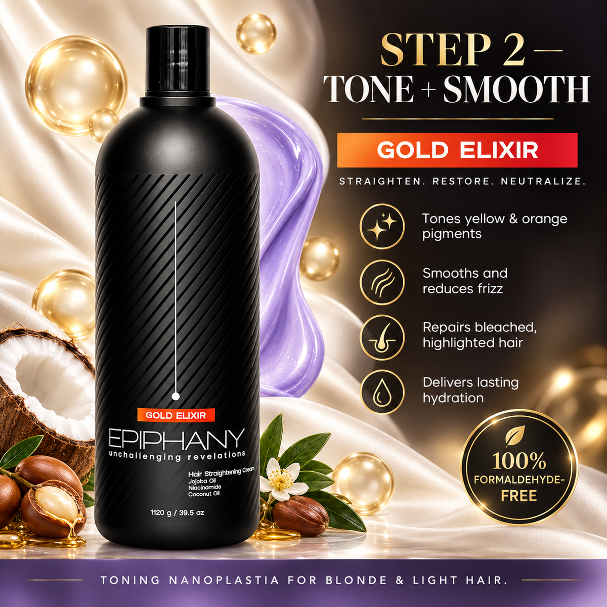 A bottle of Epiphany Gold Elixir Step 2 Tone + Smooth hair conditioner, displayed on a luxurious gold satin background with decorative props like a coconut, almonds, and a purple hair strand. The bottle is black with gold and white text, and the right side features product benefits in a clean graphic layout.