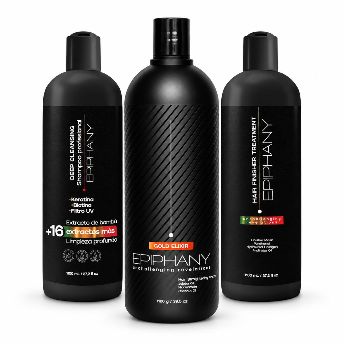 Three black Epiphany hair care bottles on a white background: Deep Cleansing, Gold Elixir ideal for blonde toning, and Hair Finishing Treatment to seal treatment.
