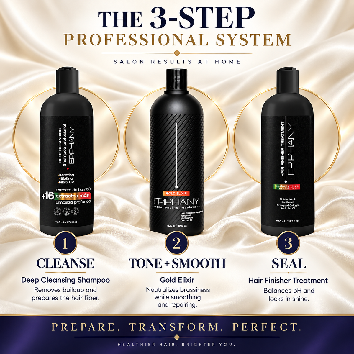 Three black Epihany hair care bottles arranged on a gold satin background with the headline 'THE 3-STEP PROFESSIONAL SYSTEM' and step labels 'CLEANSE', 'TONE + SMOOTH', and 'SEAL'.
