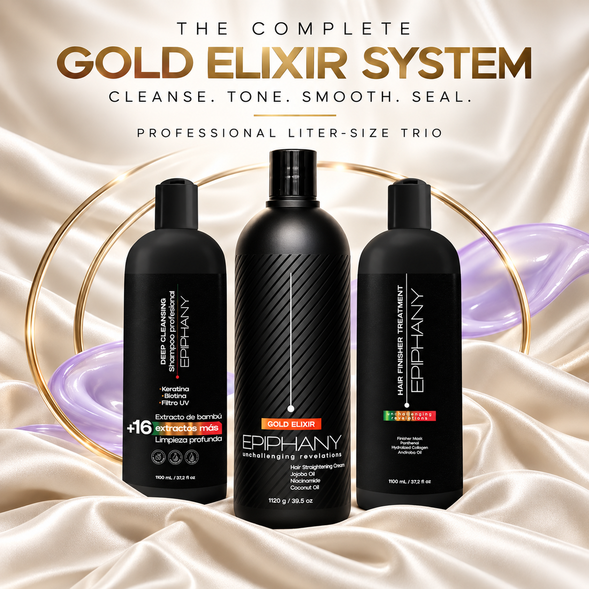 Three black Epphany hair care bottles arranged in a trio on draped champagne satin with gold rings and purple swirls. Large text at the top reads 'The Complete Gold Elixir System' and 'Professional Liter-Size Trio.
