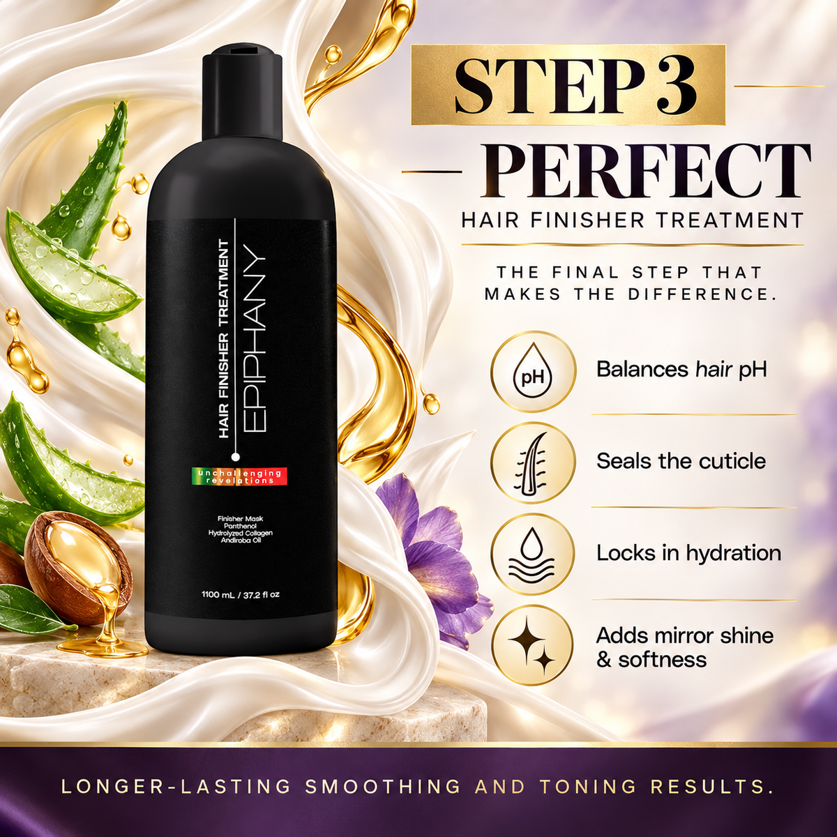 A bottle of Ephphany Step 3 Perfect Hair Finisher Treatment centered on a decorative promotional graphic with cream swirls, aloe slices, gold droplets, and text listing benefits such as balancing hair pH, sealing the cuticle, locking in hydration, and adding mirror shine and softness.