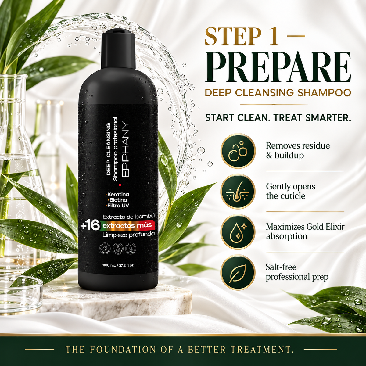 A bottle of Epiphany Deep Cleansing Shampoo stands on a marble surface with water droplets, surrounded by green leaves and glassware. The right side features promotional text reading 'STEP 1 PREPARE DEEP CLEANSING SHAMPOO' with benefit icons and descriptions.